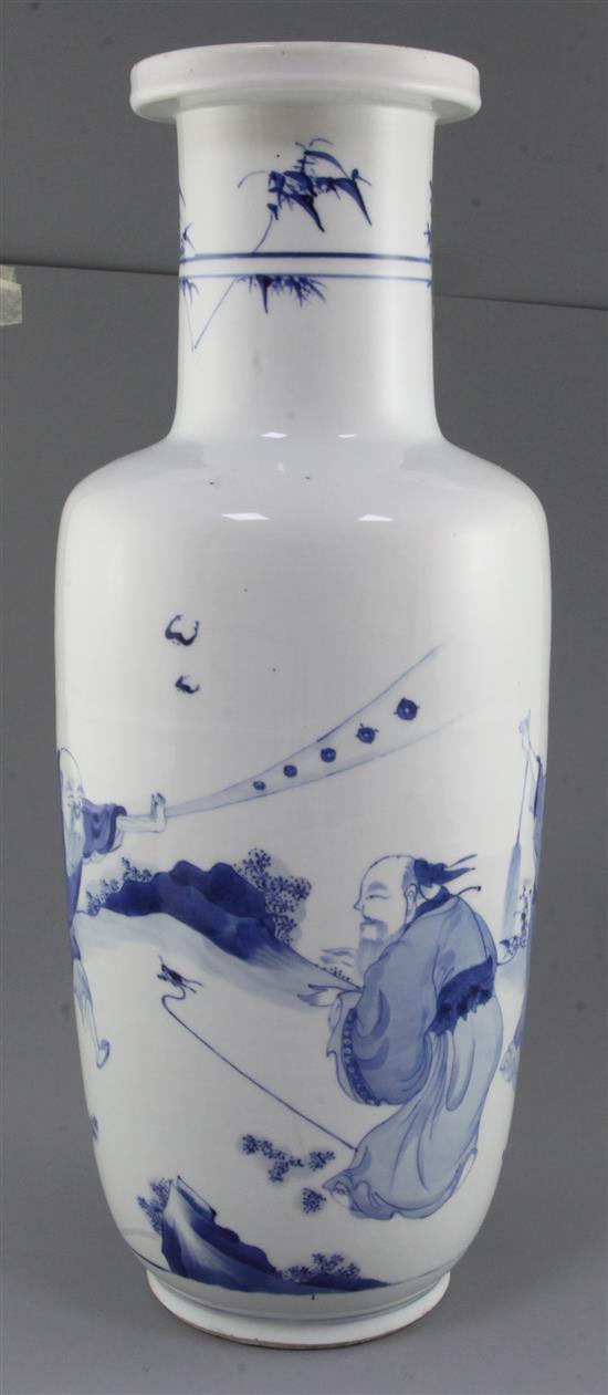 A large Chinese blue and white rouleau vase, Kangxi period (1662-1722), 46.5cm, hairline body cracks